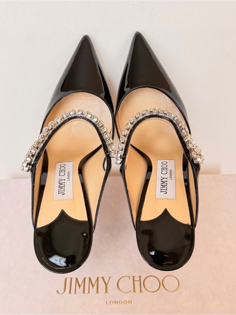 Jimmy Choo Bing 100 Black Patent Leather Crystal Mule Pump Heeled Sandals 38 - Picture 7 of 10